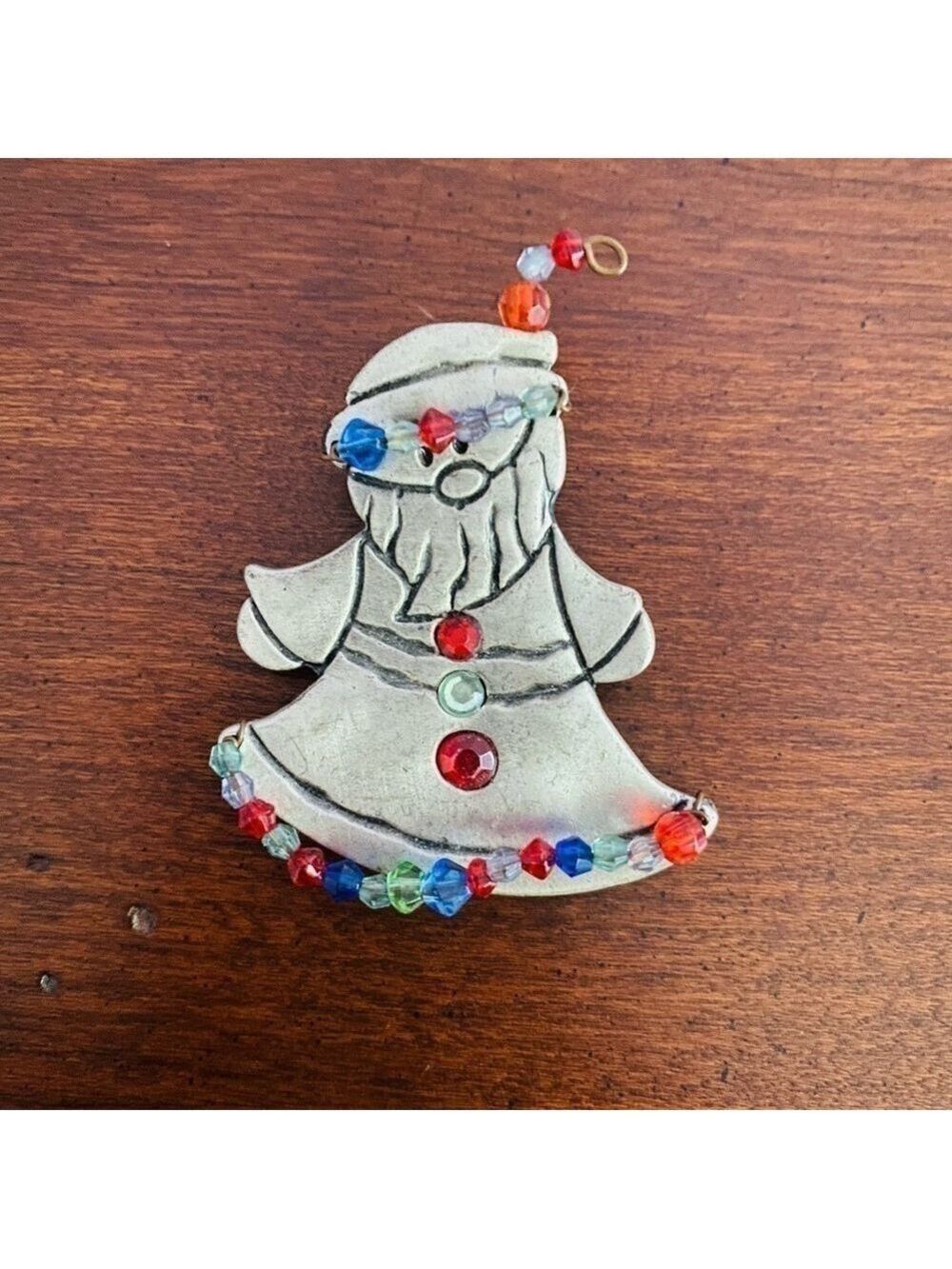 EUC Santa Claus Silver-Tone Beaded Brooch – Festive Holiday Pin